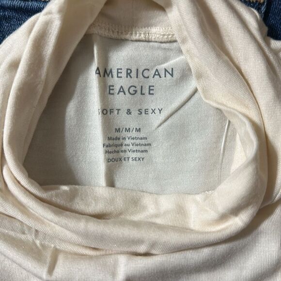 AE M Cream Cropped Soft & Sexy Mock Neck Short Sleeve Jersey T-Shirt - Picture 12 of 13